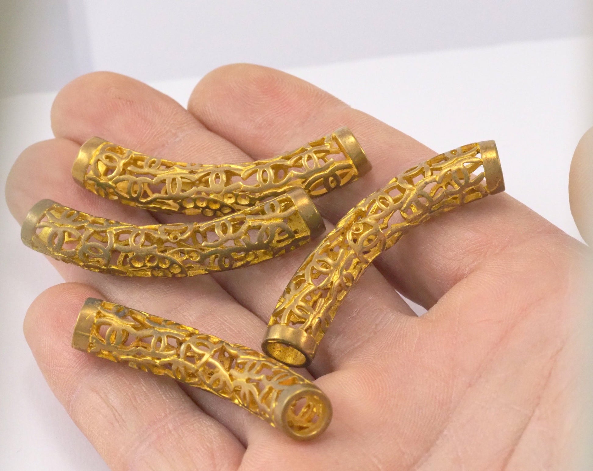 1 pc 9x48mm (hole 6mm ) raw brass curved tube filigree brass Charms,Pendant,Findings spacer bead O29