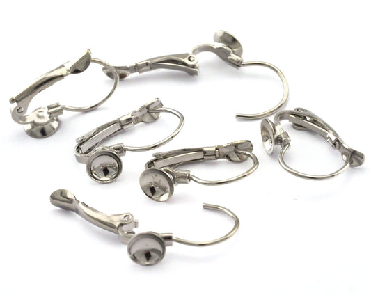 Earring wire earring clasp with Round Bezel (6mm setting) Silver Tone (Nickel Free) brass 19x13mm 2361