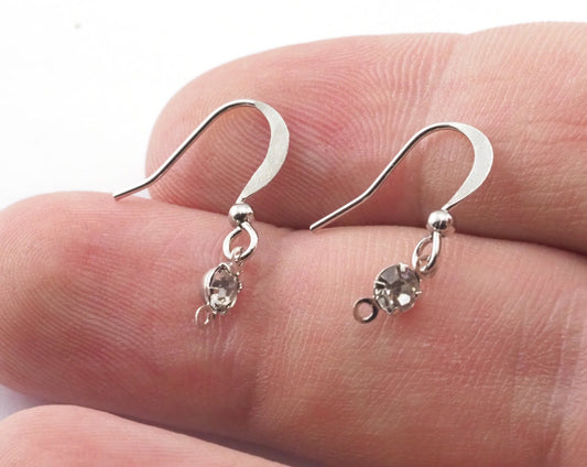 Earring Wire Earring Hooks with Crystal and Loop (2mm inner) Silver Tone (Nickel Free) brass 21mm 2363