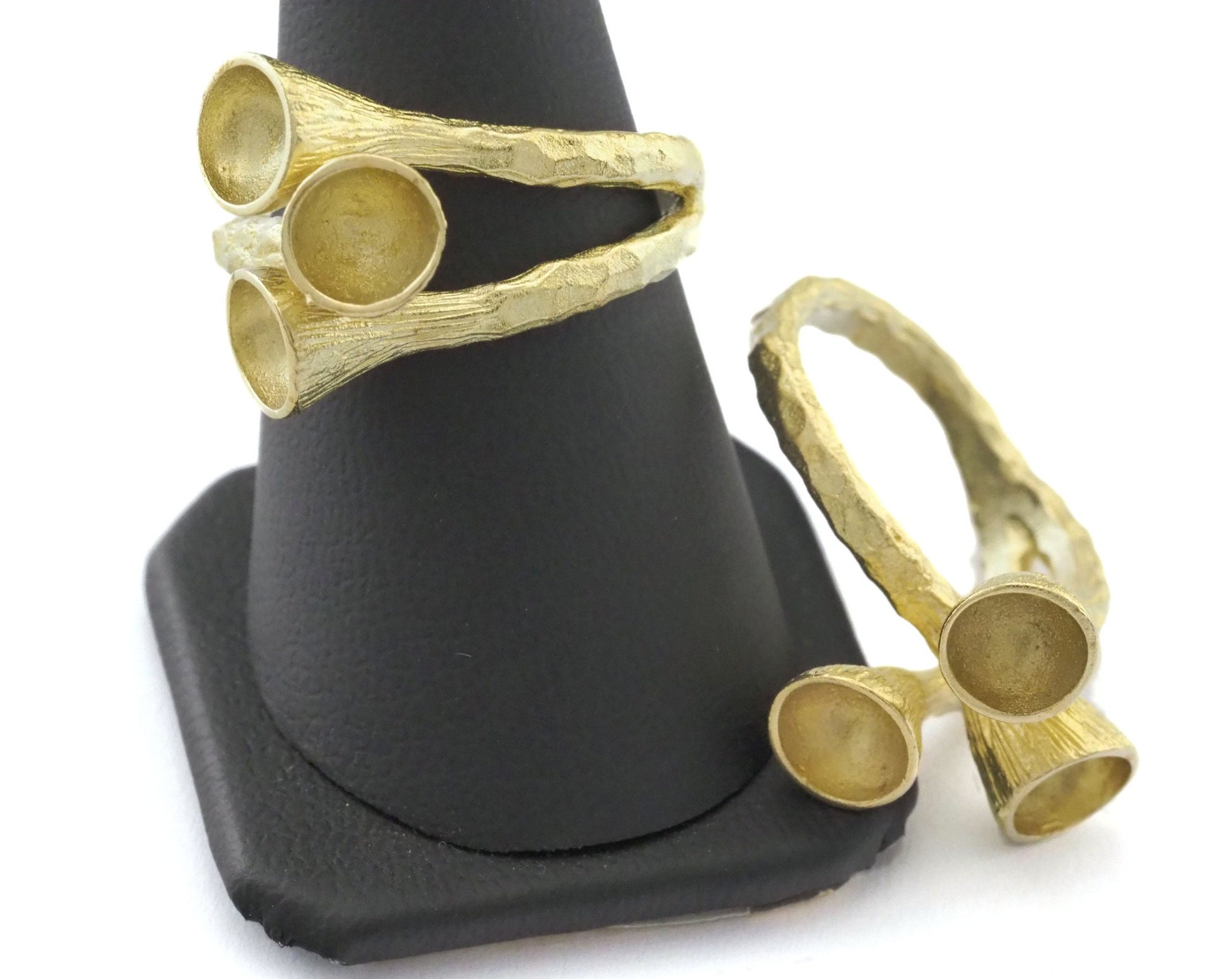 Adjustable Raw Brass Ring Base with Triple 5mm Bezel Cups | Organic Floral Ring Setting | US 17 Size | DIY Jewelry Supplies 2370