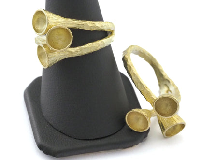 Adjustable Raw Brass Ring Base with Triple 5mm Bezel Cups | Organic Floral Ring Setting | US 17 Size | DIY Jewelry Supplies 2370