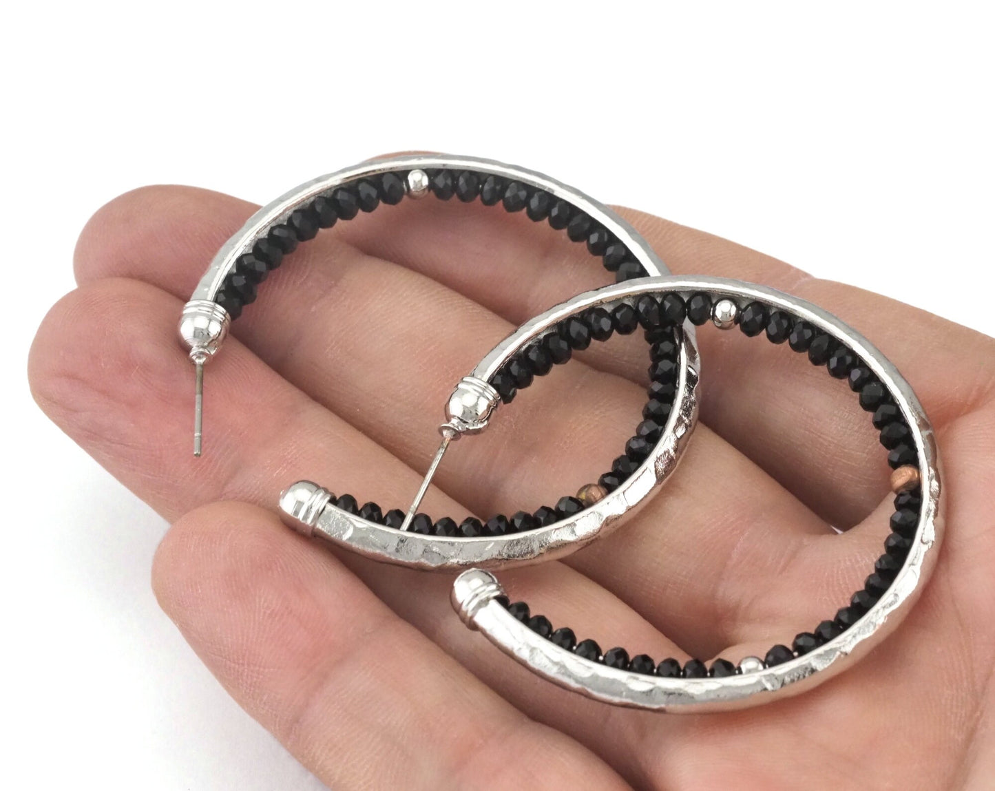 Round Earring Stud post with black beads 1 Pair 50mm Silver plated brass 2434