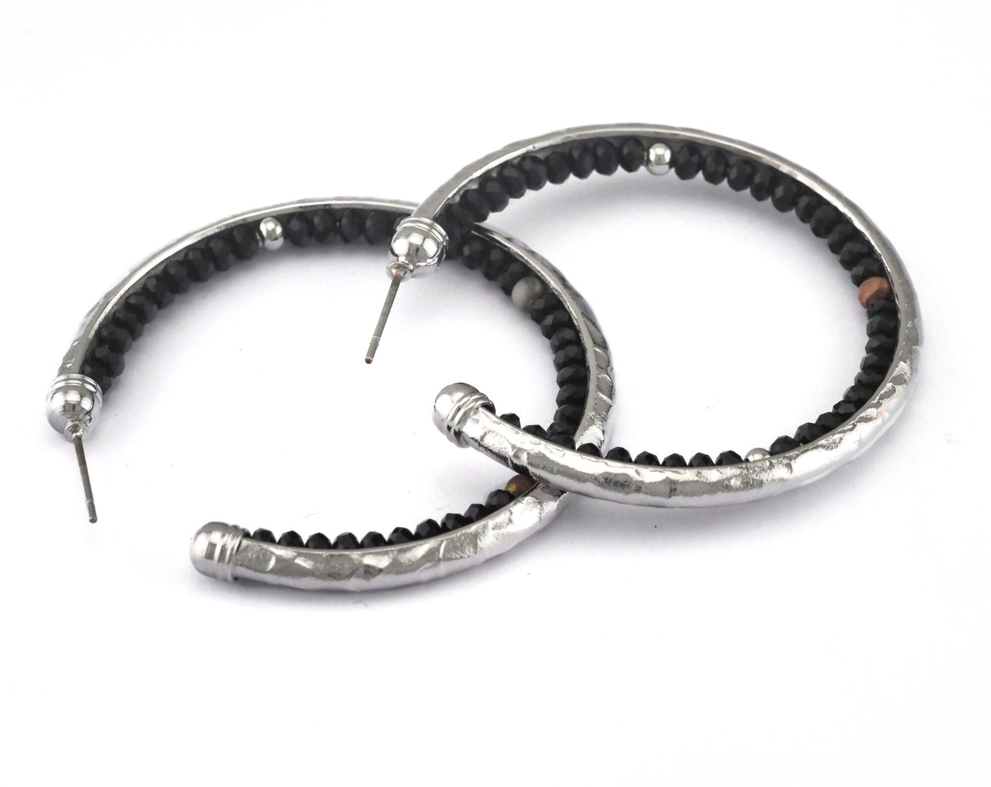 Round Earring Stud post with black beads 1 Pair 50mm Silver plated brass 2434