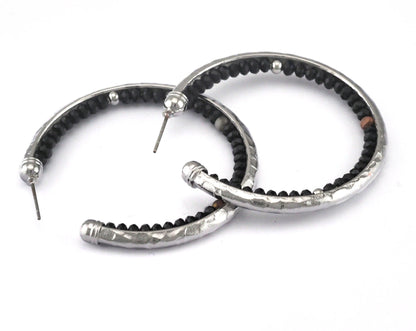Round Earring Stud post with black beads 1 Pair 50mm Silver plated brass 2434