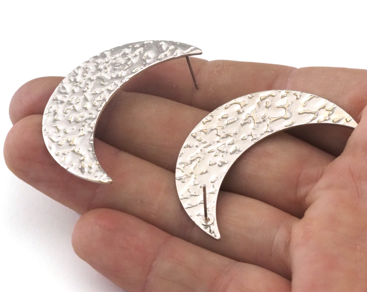 Crescent Earring Stud Post Silver Tone (Nickel Free) Plated Brass Textured 44x27mm Earring Blanks 2490