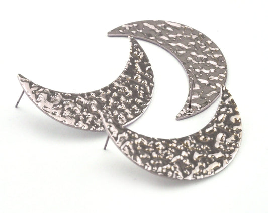 Crescent Earring Stud Post Silver Tone (Nickel Free) Plated Brass Textured 44x27mm Earring Blanks 2490