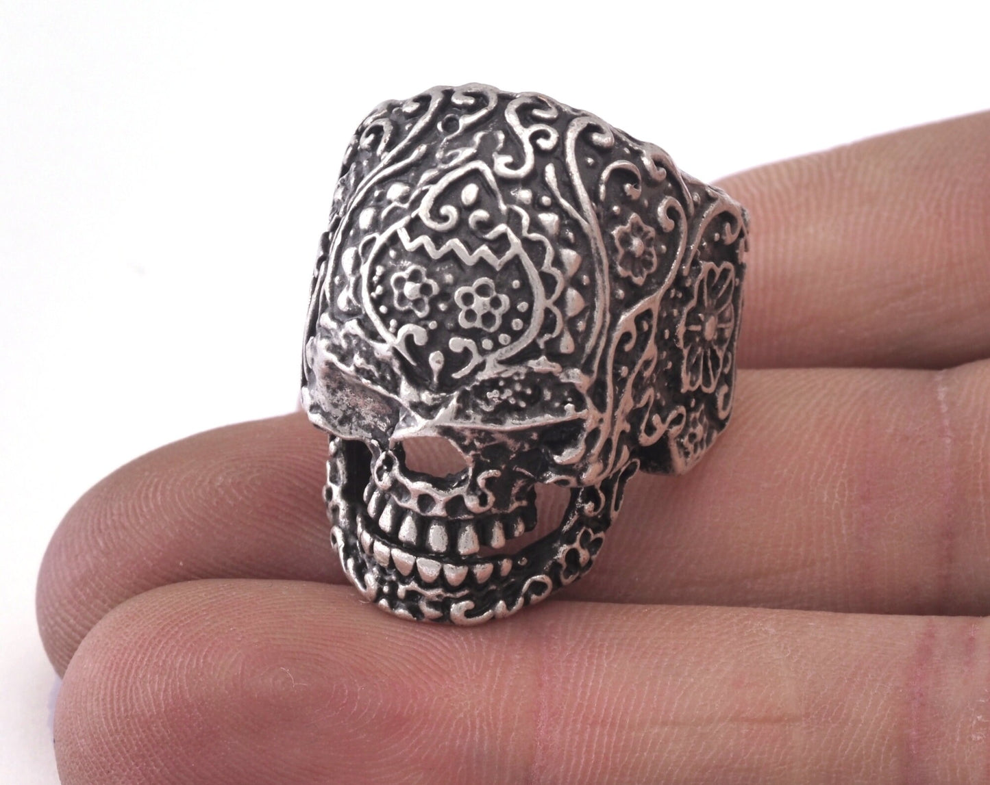 Skull Ring Adjustable Ring Antique Silver Plated Brass 1 Pc. (19mm 9US inner size) OZ2929