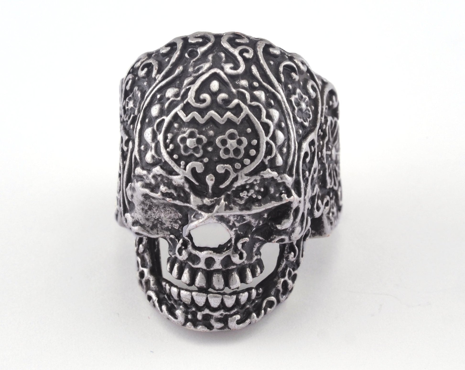 Skull Ring Adjustable Ring Antique Silver Plated Brass 1 Pc. (19mm 9US inner size) OZ2929