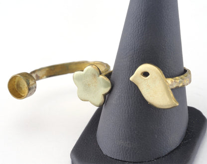 Ring Bird Flower Adjustable Ring Bezel Raw brass (18mm 8US inner size - Adjustable ) OZ2687