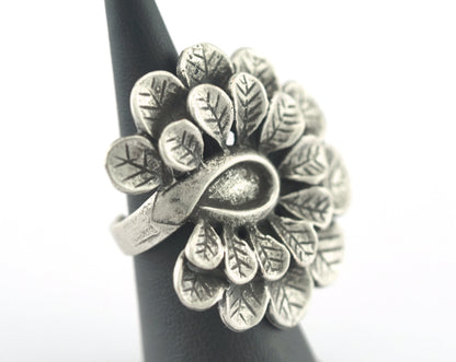 Leaves Ring Adjustable Bezel - Antique Silver Plated brass (17mm 7US inner size - Adjustable ) OZ2824