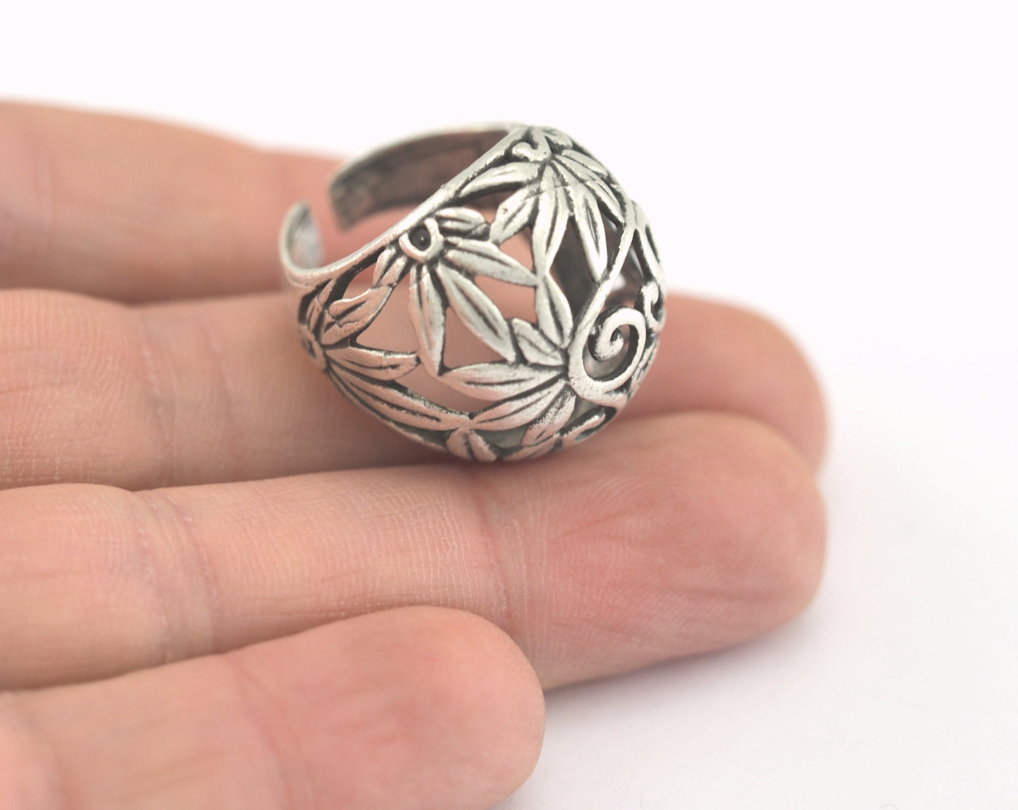 Leaf Butterfly Adjustable Ring Antique silver plated brass (18mm 7.5US inner size) OZ3004