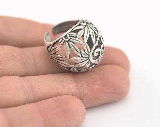 Leaf Butterfly Adjustable Ring Antique silver plated brass (18mm 7.5US inner size) OZ3004