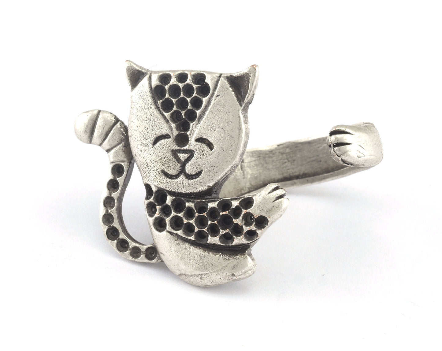 Ring Cat Adjustable Ring Bezel - Antique Silver Plated brass (18mm 7.5US inner size - Adjustable ) Oz2977