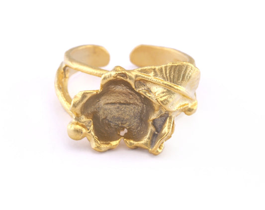 Ring Flower Leaf Adjustable Bezel - Matte Gold Plated brass (17mm 7US inner size - Adjustable ) OZ2986