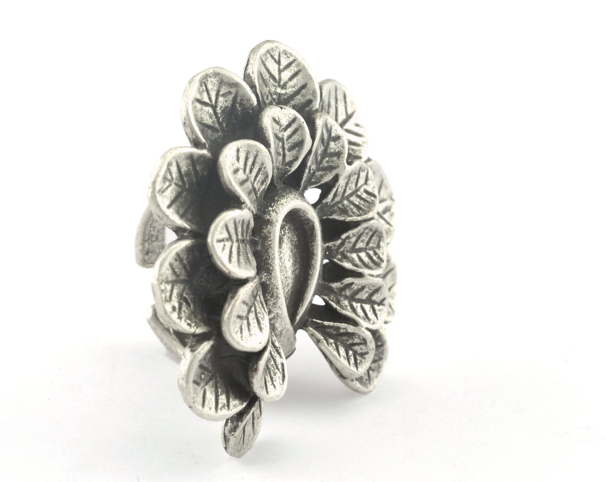 Leaves Ring Adjustable Bezel - Antique Silver Plated brass (17mm 7US inner size - Adjustable ) OZ2824