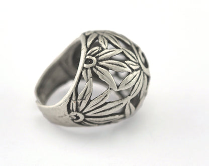 Leaf Butterfly Adjustable Ring Antique silver plated brass (18mm 7.5US inner size) OZ3004