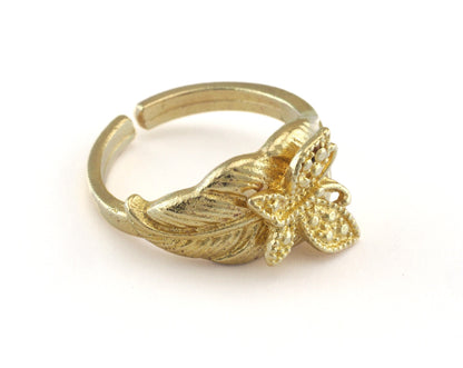 Butterfly Ring on the leaf Adjustable Raw brass (17.5mm 7US inner size) OZ2634