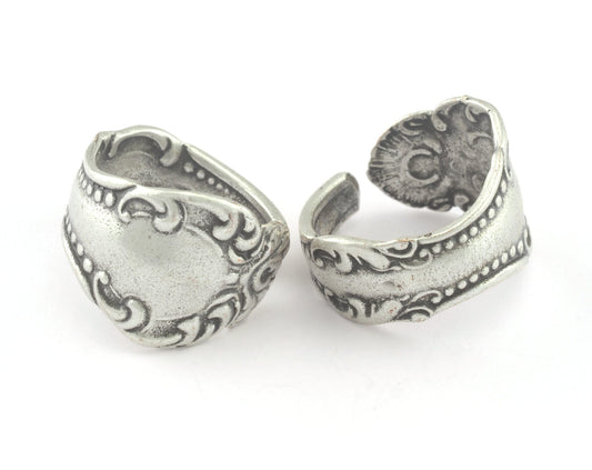 Adjustable Spoon Ring Flower Patterned Ring Antique Silver Plated Brass (18mm 8US inner size) OZ3221