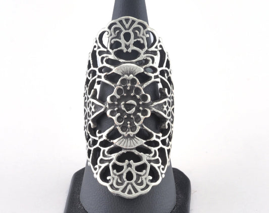 Flowers Adjustable Filigree Ring Antique Silver plated brass (18mm 8US inner size) OZ3017