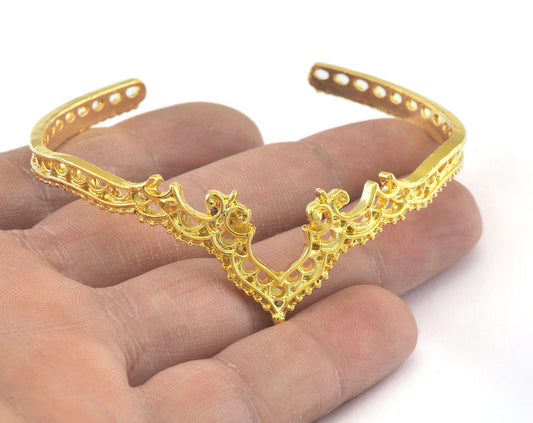 Crown Bracelet Shiny Gold Plated Brass hole for charms (64mm inner size - Adjustable ) OZ3158
