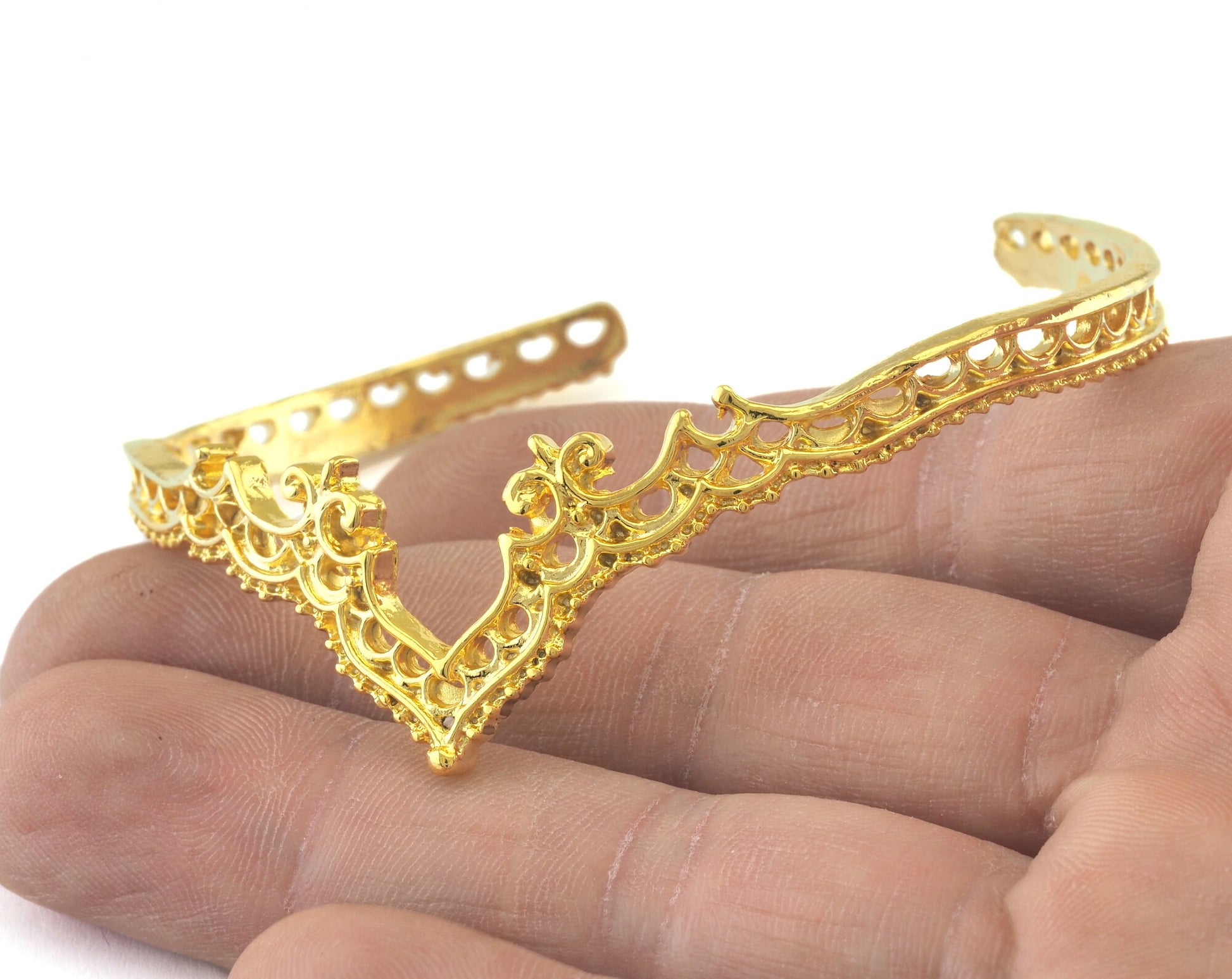 Crown Bracelet Shiny Gold Plated Brass hole for charms (64mm inner size - Adjustable ) OZ3158