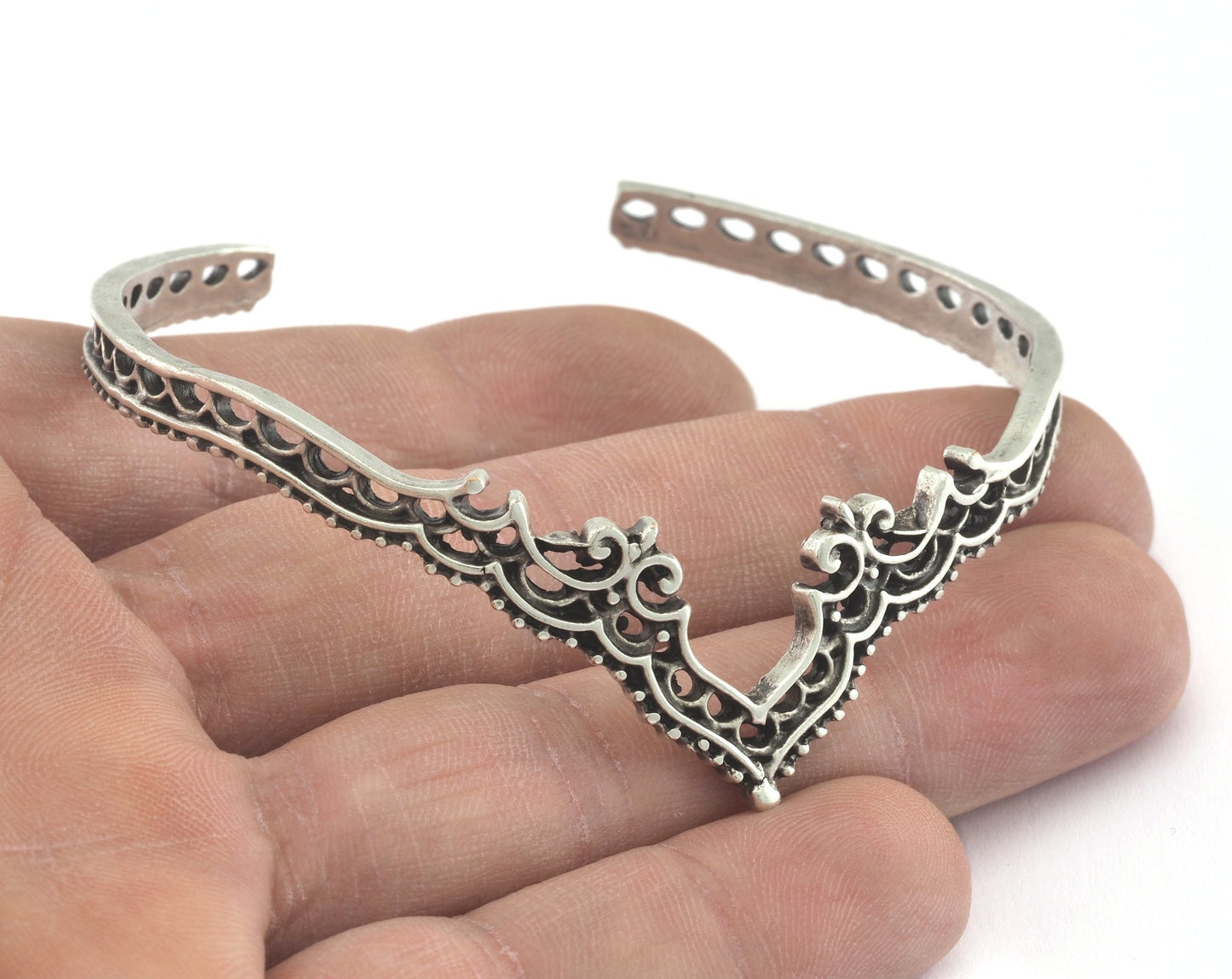 Crown Bracelet Antique Silver Plated Brass hole for charms (64mm inner size - Adjustable ) OZ3158