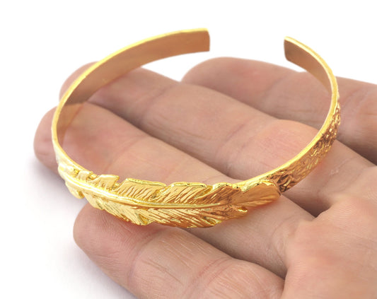 Feather Cuff Bracelet Shiny Gold Plated Brass (55mm inner size - Adjustable ) OZ3162