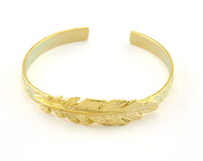 Feather Cuff Bracelet Shiny Gold Plated Brass (55mm inner size - Adjustable ) OZ3162