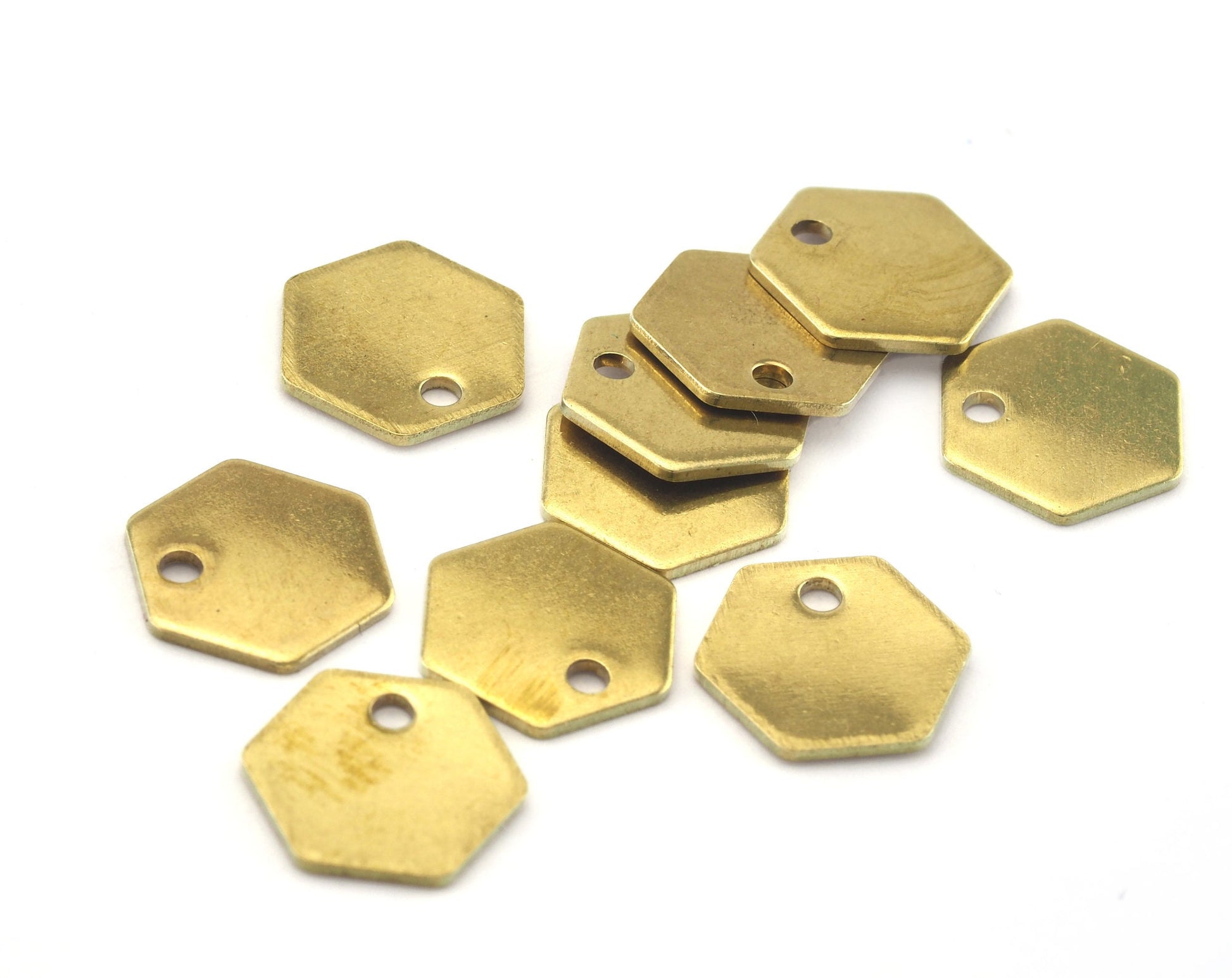 Hexagonal tag Raw brass , Antique silver plated 10mm 1 hole charms ,findings 3309-57