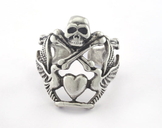 Skull Heart Adjustable Ring Antique Silver Plated Brass (19mm 9US inner size) OZ3346