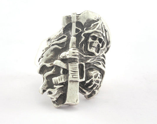 Skull Adjustable Ring Antique Silver Plated Brass (19mm 9US inner size) OZ3351