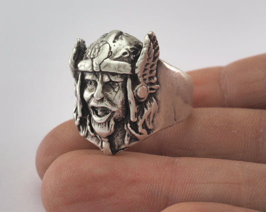 Viking Face Adjustable Ring Antique Silver Plated Brass (20mm 10US inner size) OZ3365