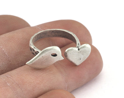 Heart Bird Hammered Adjustable Ring Antique Silver Plated brass (18mm 8US inner size) OZ2652