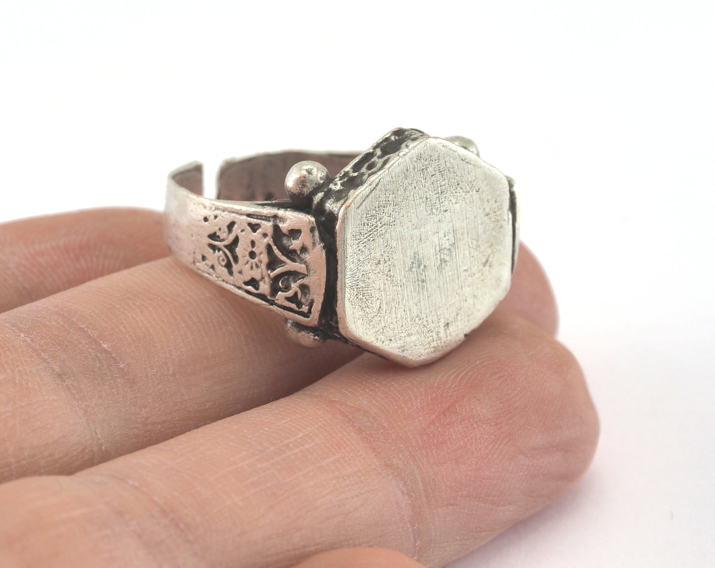Signet Hexagonal Ring Adjustable Ring Antique Silver Plated Brass 1 Pc. (20mm 10US inner size) 4423