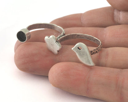 Ring Bird Flower Adjustable Ring Bezel Antique Silver Plated brass (18mm 8US inner size - Adjustable ) OZ2687