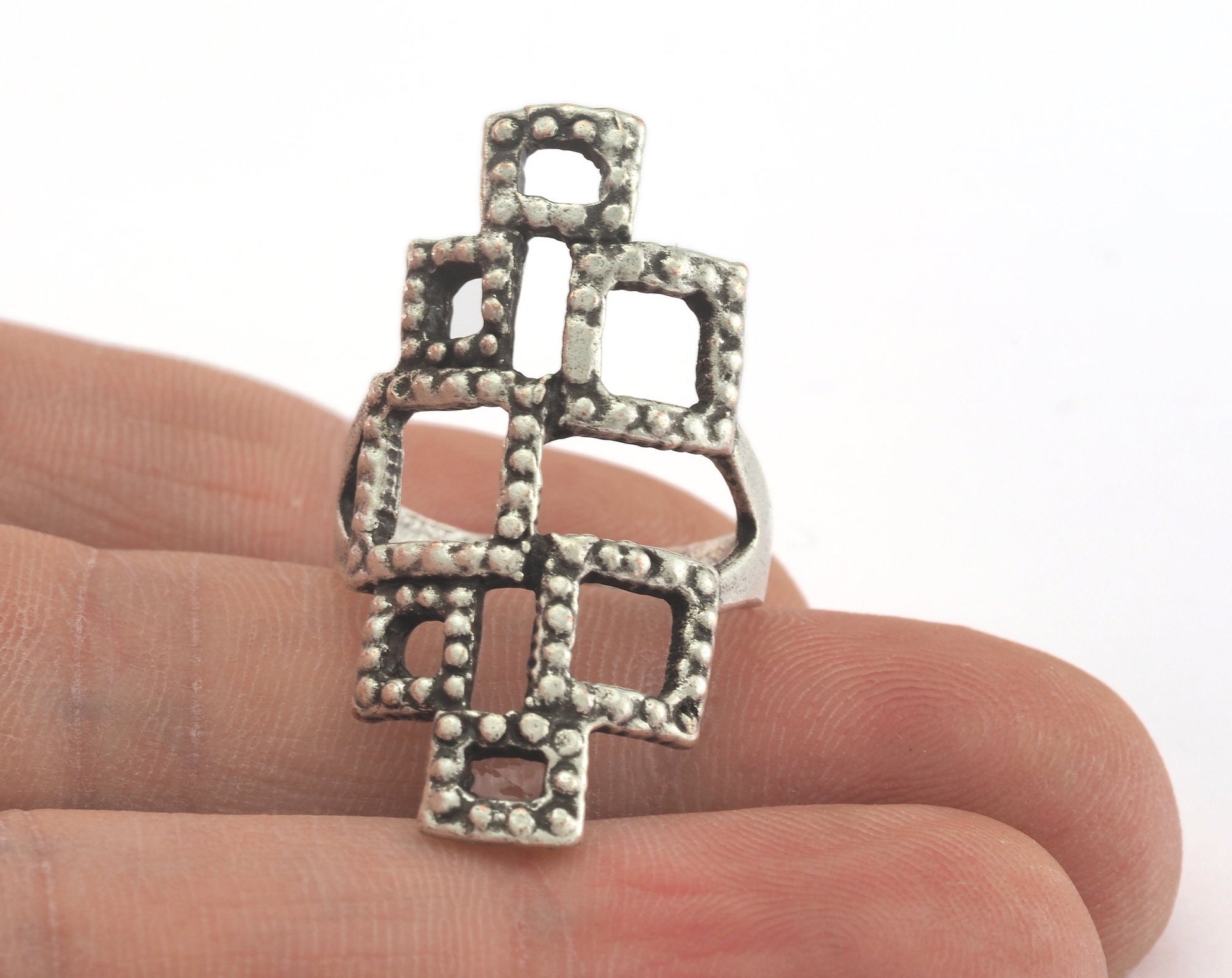 Ring Squares Adjustable Antique Silver Plated Brass 1 Pc. (18.5mm 8.5US inner size) 4833 34 mm