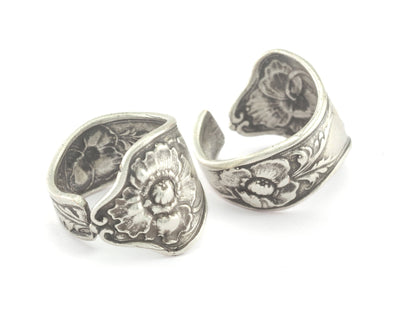 Adjustable Spoon Ring Flower Patterned Ring Antique Silver Plated brass (18.5mm 8.5US inner size) OZ2754