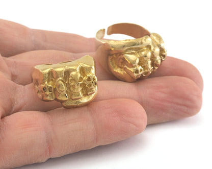Punch Skull Adjustable Ring Raw Brass (19mm 9US inner size) OZ964