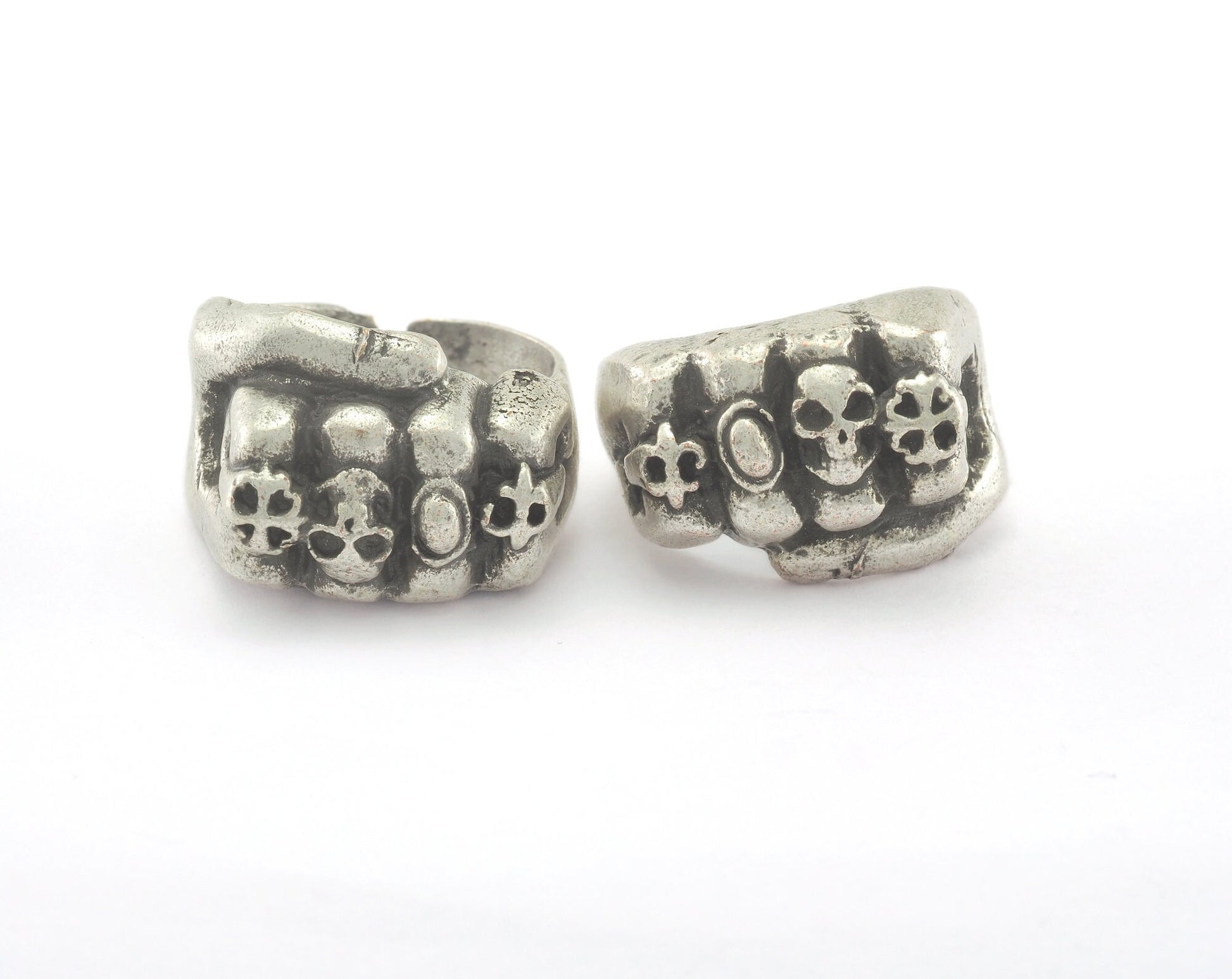 Punch Skull Ring Adjustable Antique Silver Plated Brass (19mm 9US inner size) OZ964