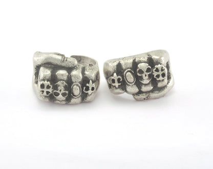Punch Skull Ring Adjustable Antique Silver Plated Brass (19mm 9US inner size) OZ964