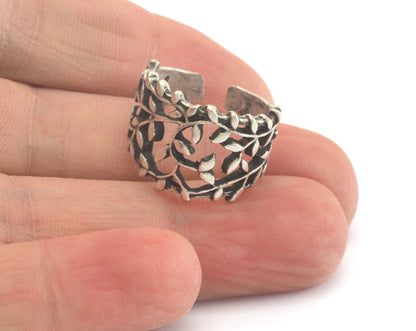 Branch Leaf Leaves Adjustable Ring Antique Silver Plated Brass (16.5mm 6US inner size) OZ948