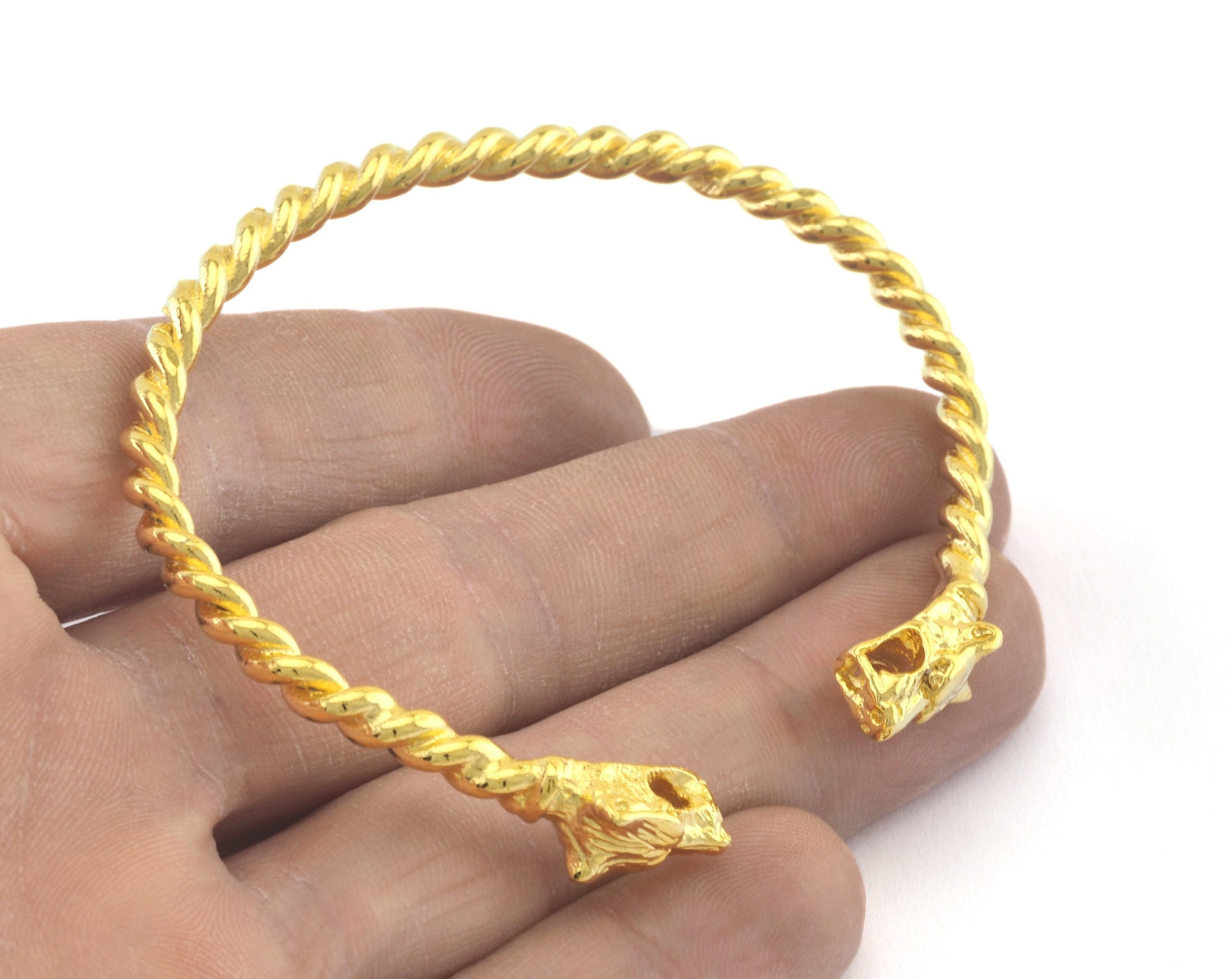 Dog Head Swirl Bracelet Shiny Gold Plated Brass (64mm inner size - Adjustable ) with hole OZ3160