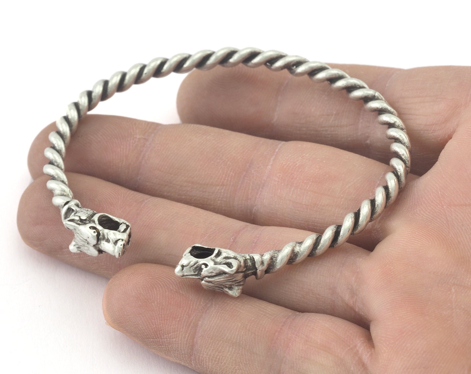 Dog Head Bracelet Swirl Adjustable Antique Silver Plated Brass (64mm inner size - Adjustable ) with hole OZ3160