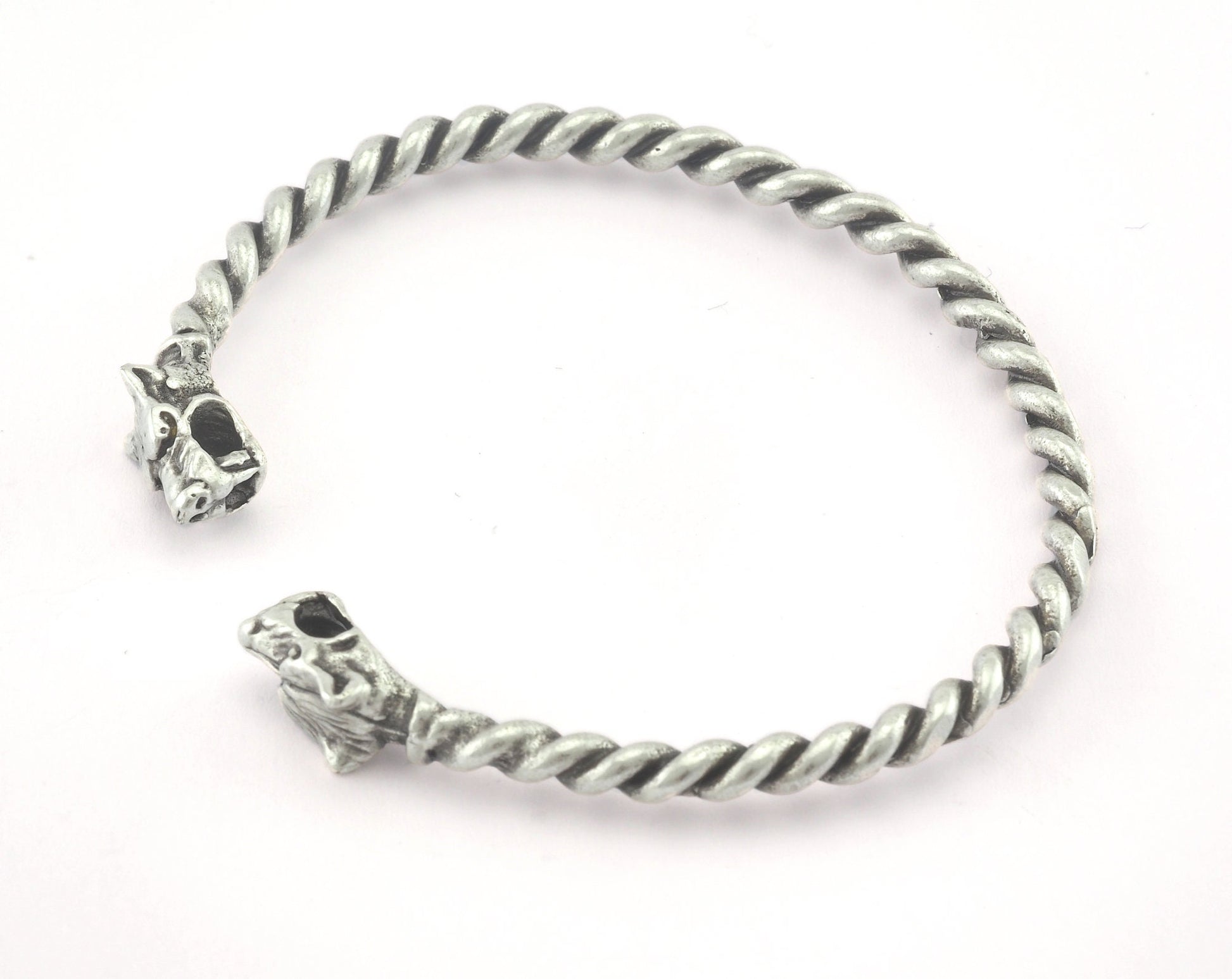 Dog Head Bracelet Swirl Adjustable Antique Silver Plated Brass (64mm inner size - Adjustable ) with hole OZ3160