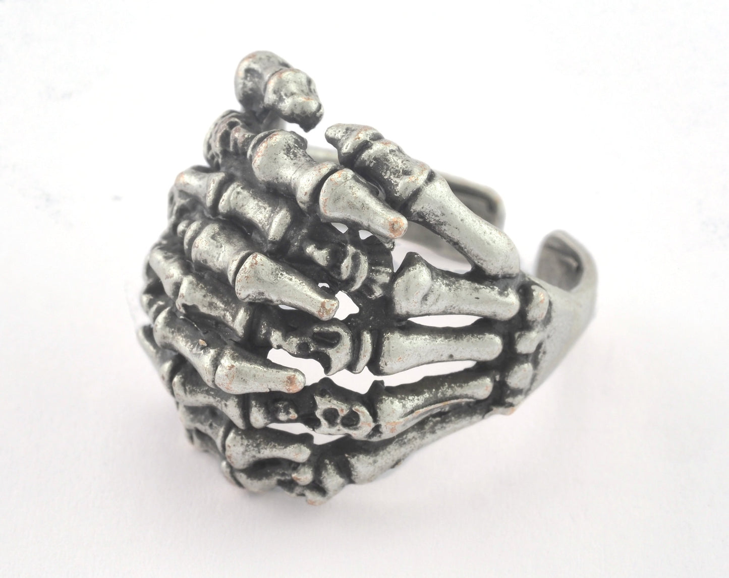 Skeleton Hand Adjustable Ring Antique Silver Plated Brass (19mm 9US inner size) OZ3302