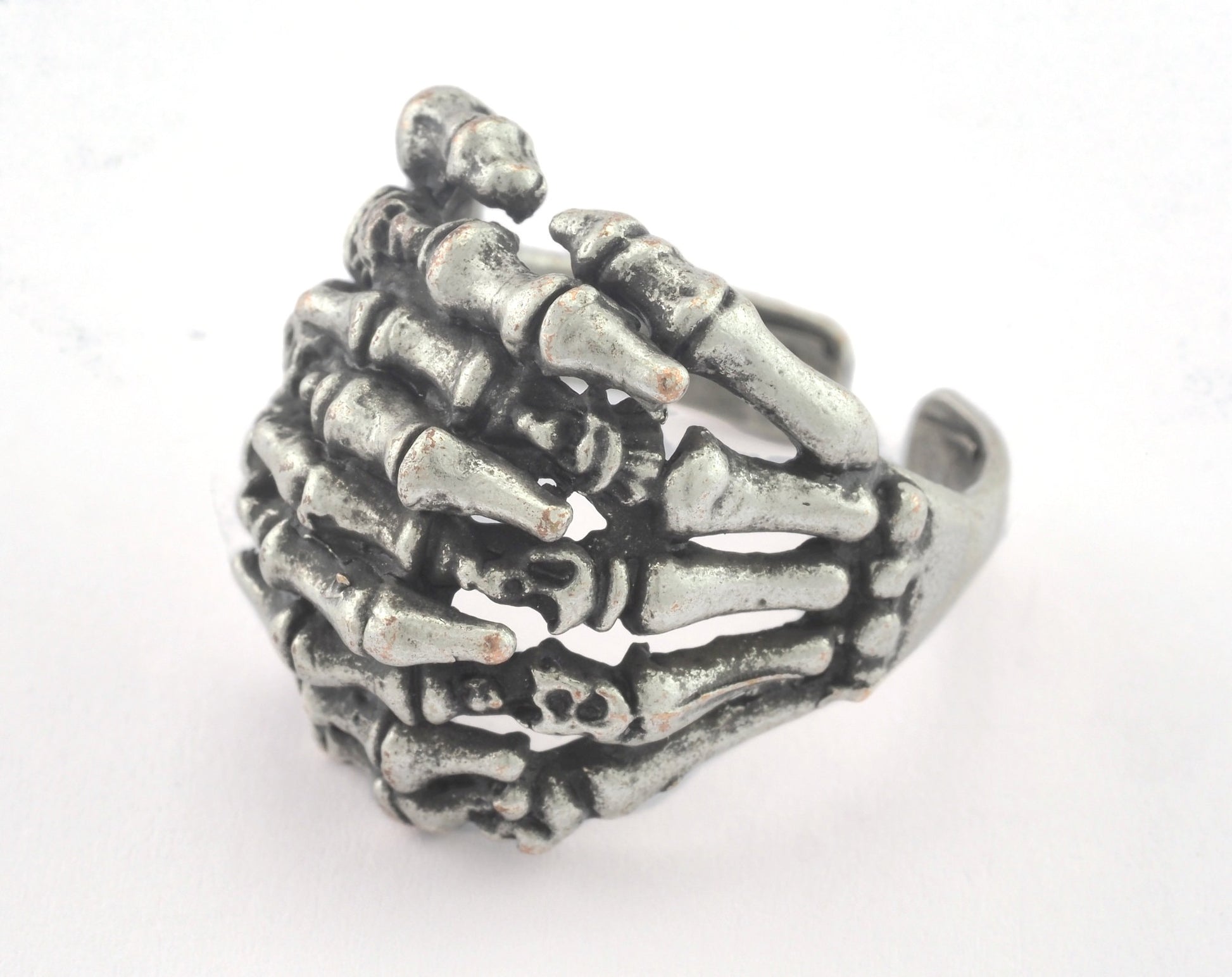 Skeleton Hand Adjustable Ring Antique Silver Plated Brass (19mm 9US inner size) OZ3302