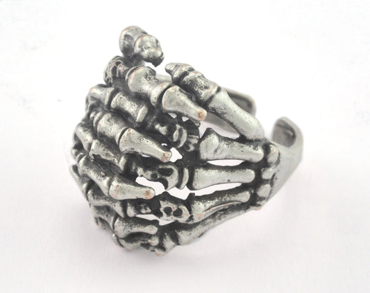 Skeleton Hand Adjustable Ring Antique Silver Plated Brass (19mm 9US inner size) OZ3302