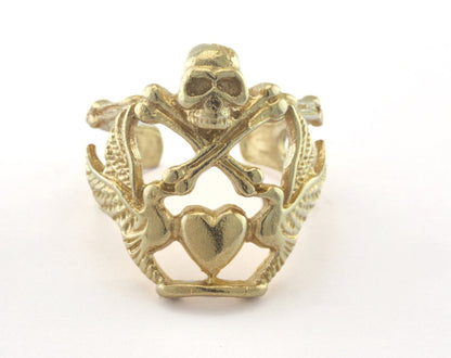 Skull Heart Adjustable Ring Raw Brass (19mm 9US inner size) OZ3346
