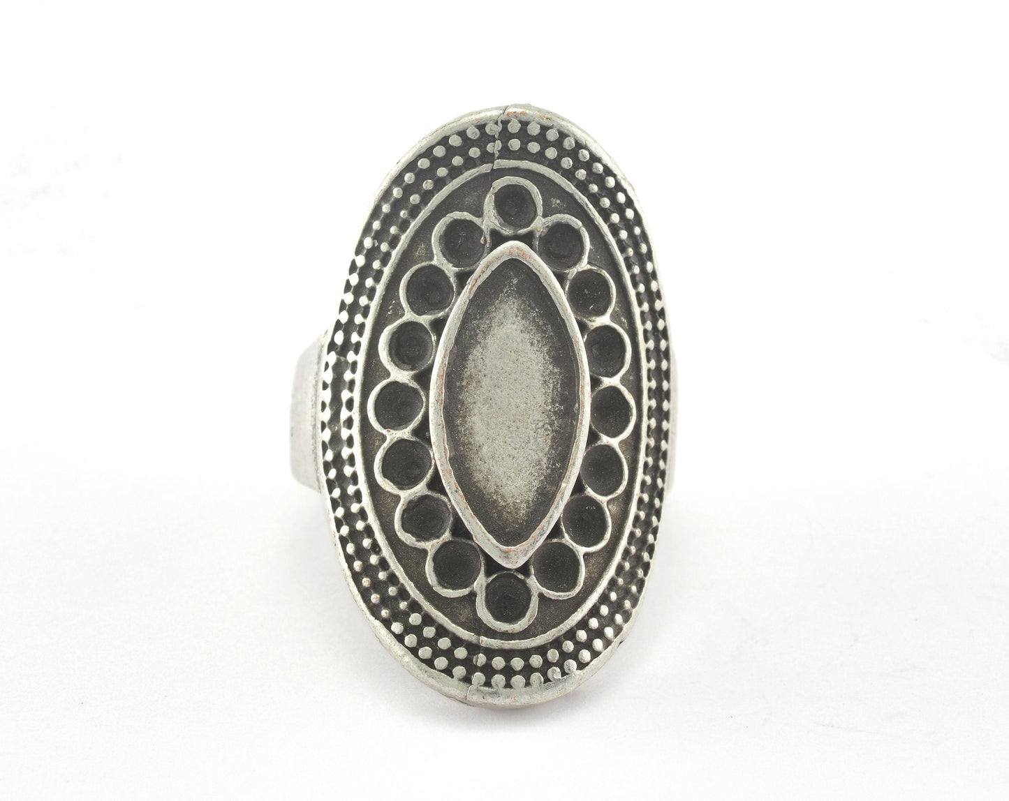 Ring Adjustable Ring Bezel (14x6mm - 2mmmm) Antique Silver Plated brass (18mm 8US inner size - Adjustable ) OZ2584