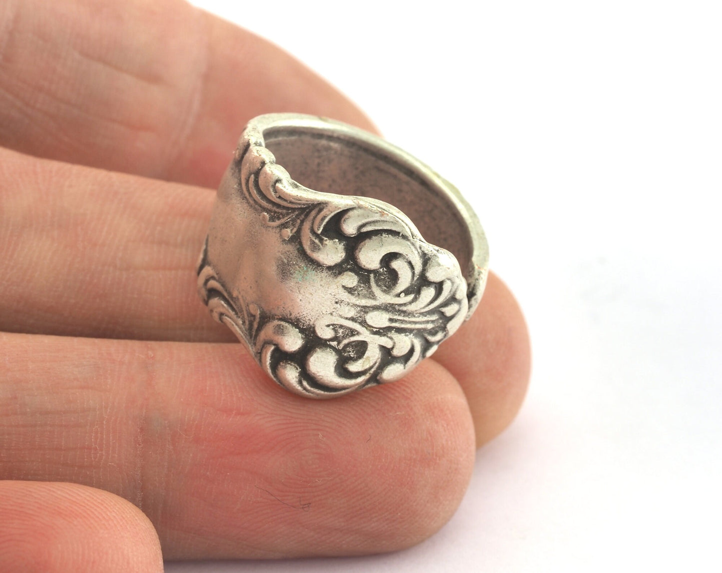 Spoon Ring Flower Patterned Adjustable Ring Antique Silver Plated Brass (17.5mm 7US inner size) OZ2692